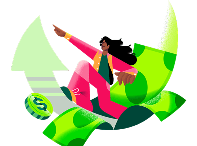 Ilustração de mulher surfando em notas de dinheiro