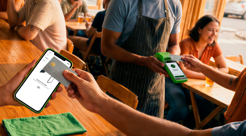 Cliente em bar pagando com cartão pela Conta Stone no celular, com atendente segurando a maquininha verde ao fundo