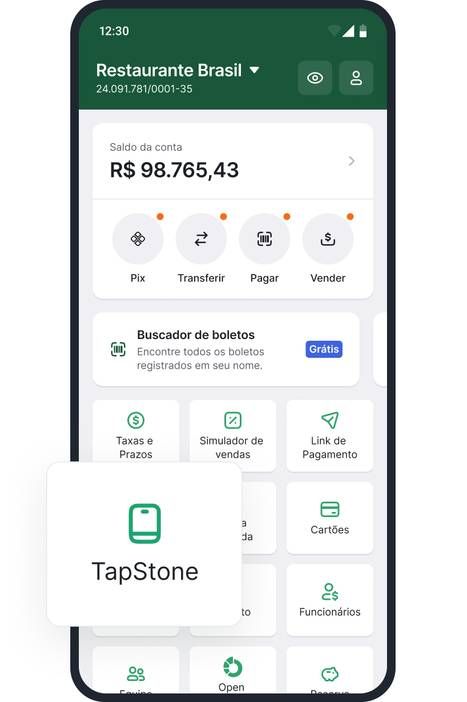 Passo 1: Celular na tela principal do aplicativo da Stone mostrando o ícone de TapStone com um selo “Novo”