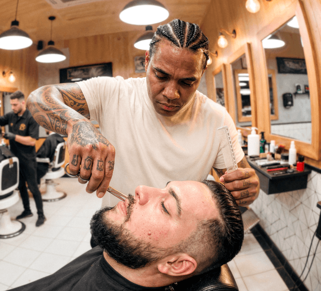 Barbeiro atendendo cliente em sua barbearia