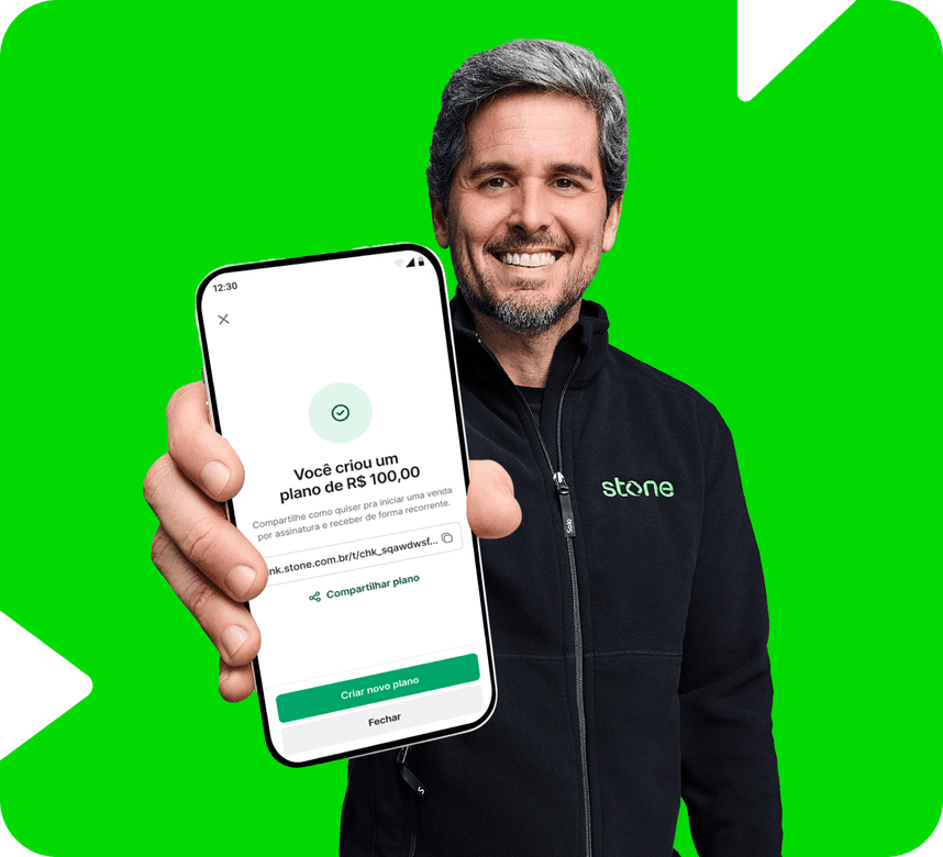 Ilustração de pagamento com cartão verde Stone usando o sistema de aproximação do TapStone. A tela do dispositivo mostra o valor de R$ 200,00.