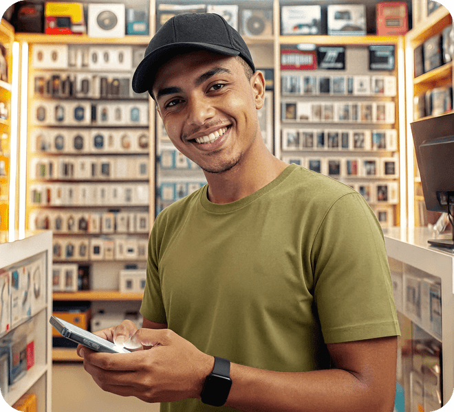 Homem em loja de capinha de celular sorrindo e mexendo no aparelho