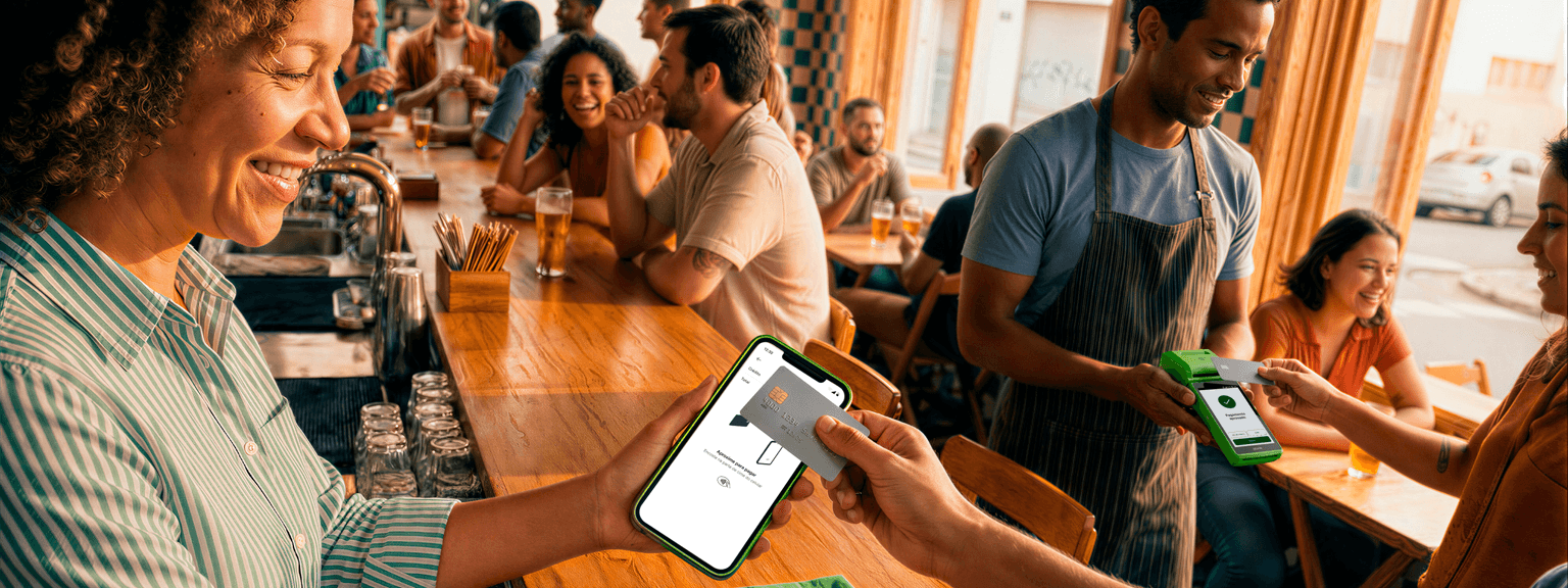 Cliente em bar pagando com cartão pela Conta Stone no celular, com atendente ao fundo segurando a maquininha verde