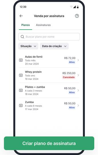 Tela do app Stone na seção "Venda por assinatura" exibindo lista de planos cadastrados