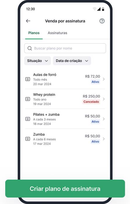 Tela do app Stone na seção "Venda por assinatura" exibindo lista de planos cadastrados
