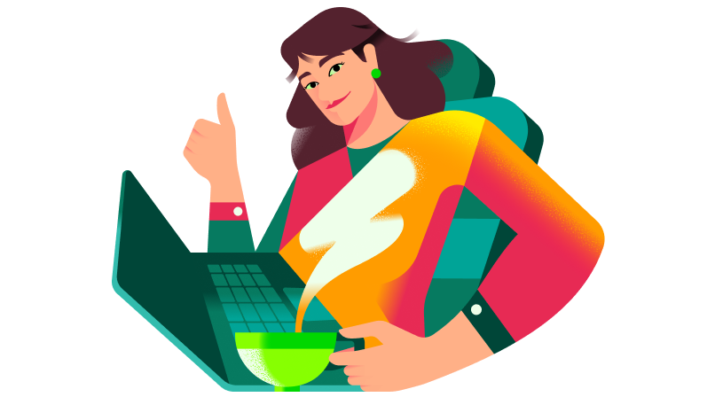 Ilustração de empreendedora fazendo joinha em frente ao notebook