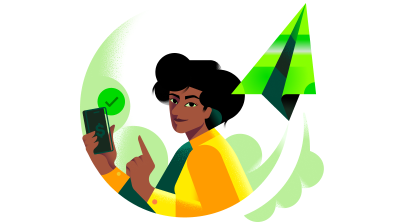 Ilustração de empreendedora segurando o celular com cifrão e avião de papel verde representando Link de Pagamento