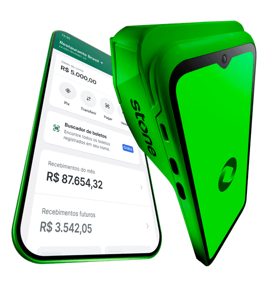 Celular com o app da Conta PJ Stone ao lado de uma maquininha Stone
