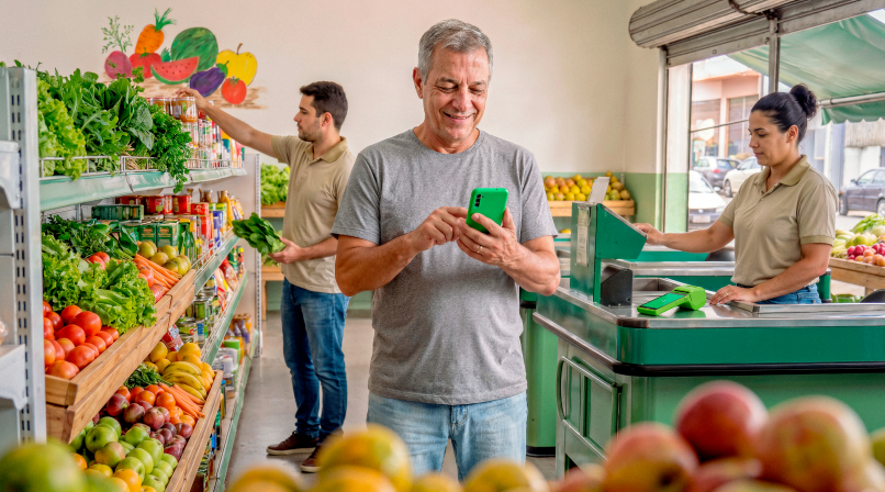 Empreendedor maduro em hortifruti consultando o celular, com funcionários organizando produtos ao fundo
