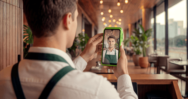 Garçom em restaurante usando o app Stone no celular para fazer chamada de vídeo com colega