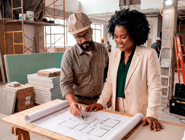 Empreendedora e empreendedor de capacete em obra analisando planta arquitetônica do imóvel