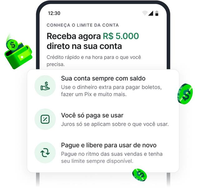 Celular com o aplicativo da Stone aberto no início mostrando o nome do usuário "Loja Brasil", além do saldo em conta, ícones do Pix, Transferir e Pagar. E abaixo o Recebimento do mês e Recebimentos futuros.