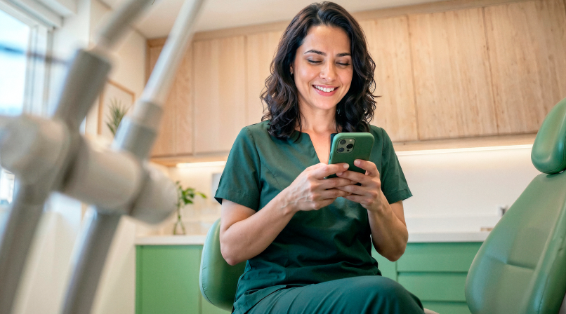 Dentista sorridente em consultório odontológico consultando o celular