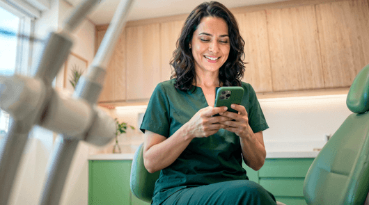 Dentista sorridente em consultório odontológico consultando o celular