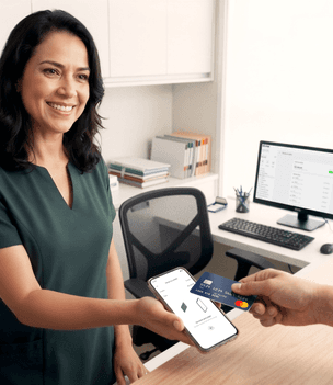 Profissional de saúde sorridente em consultório recebendo pagamento por aproximação no celular com cartão Mastercard