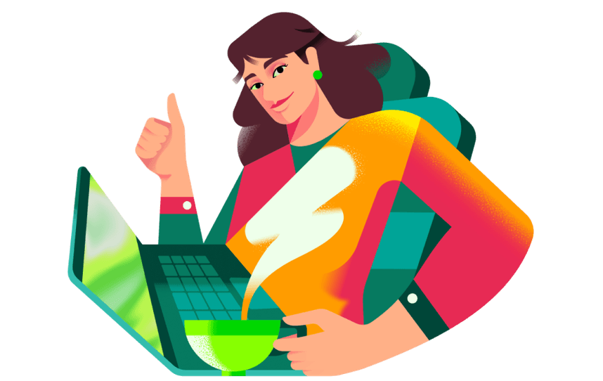 Ilustração de empreendedora fazendo joinha em frente ao notebook