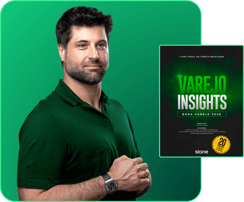Homem segurando o livro Varejo Insights — Bora Varejo 2026 da Stone