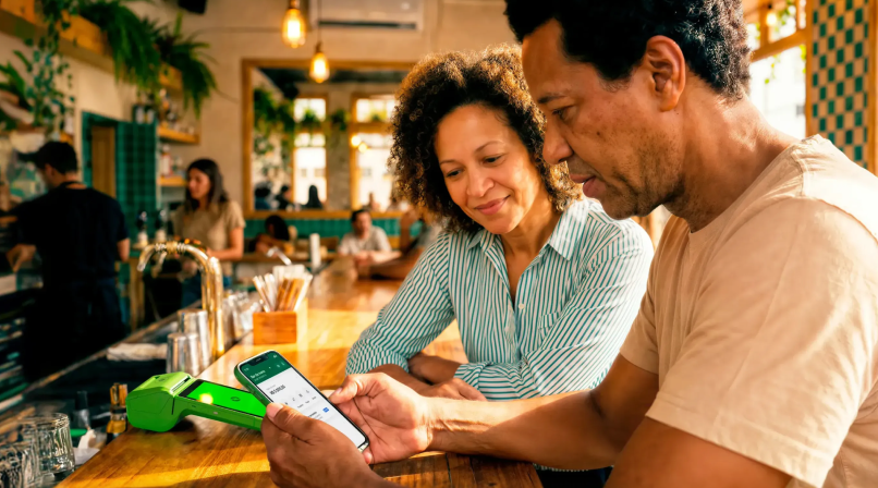 Casal de empreendedores em bar conferindo o app Stone no celular ao lado da maquininha