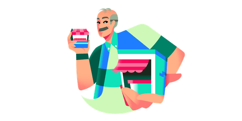 Ilustração de empreendedor segurando seu estabelecimento