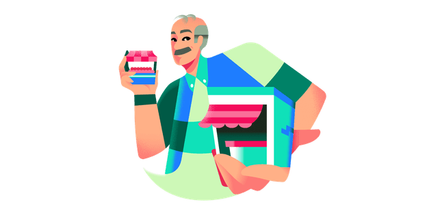 Ilustração de empreendedor segurando seu estabelecimento