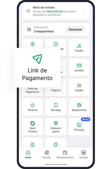 No app ou Portal Web Stone, acesse Link de pagamento no menu inicial e em seguida clique no botão “Criar Link de pagamento”