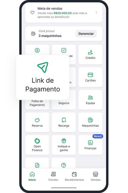 No app ou Portal Web Stone, acesse Link de pagamento no menu inicial e em seguida clique no botão “Criar Link de pagamento”
