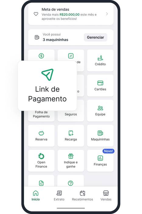 No app ou Portal Web Stone, acesse Link de pagamento no menu inicial e em seguida clique no botão “Criar Link de pagamento”