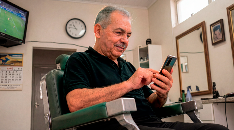 Senhor sentado em cadeira de barbearia consultando o celular
