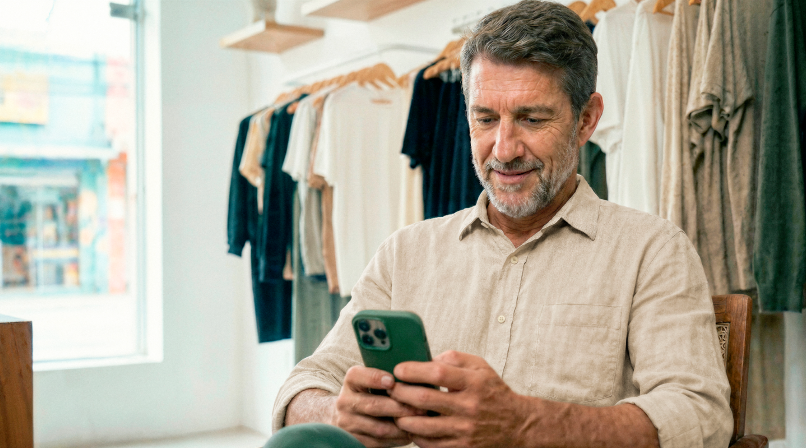 Empreendedor maduro sentado em loja de roupas consultando o celular