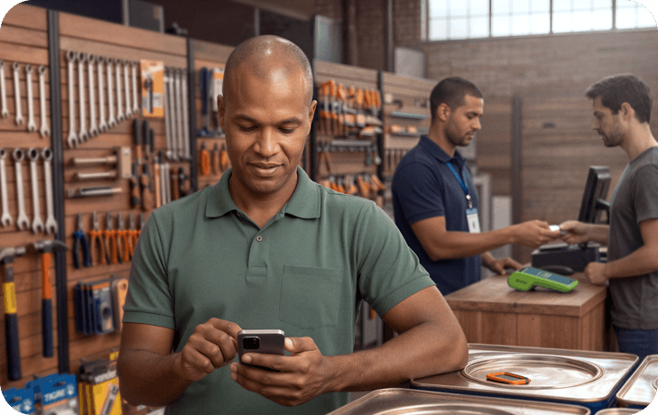 Empreendedor em loja de ferragens consultando o celular, com colega operando maquininha Stone ao fundo