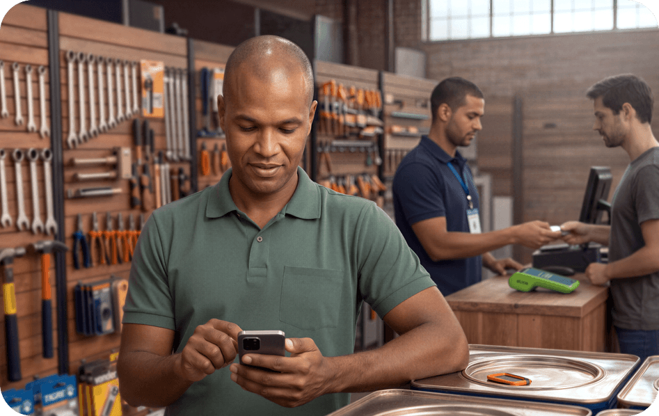 Empreendedor em loja de ferragens consultando o celular, com colega operando maquininha Stone ao fundo
