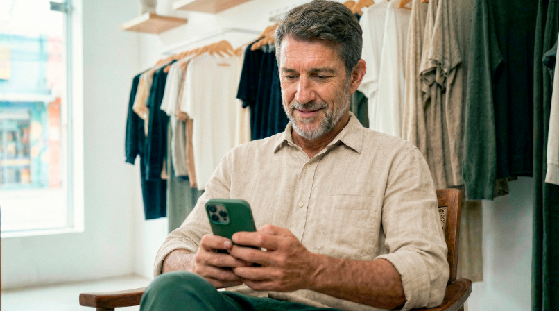 Empreendedor maduro em loja de roupas sentado consultando o celular