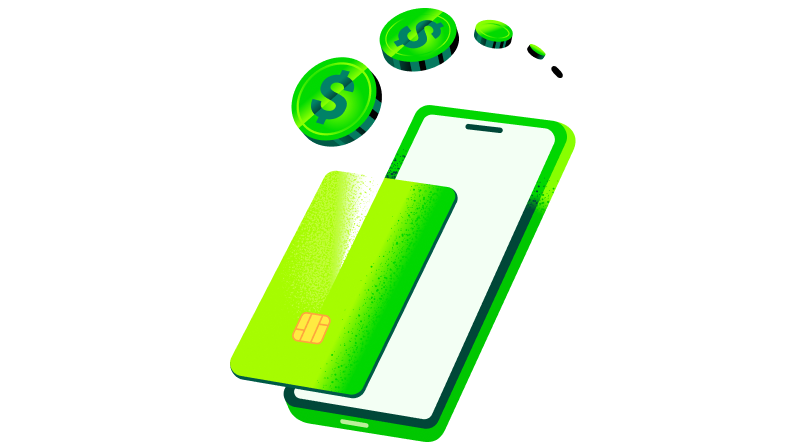 Ilustração de cartão verde, celular e moedas com cifrão representando funções financeiras da Stone