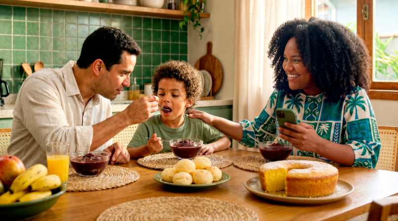 Família tomando café da manhã em casa, com a mãe mexendo no celular e o pai dando comida ao filho