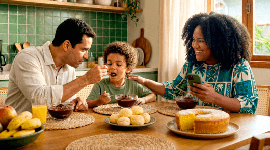 Família tomando café da manhã em casa, com a mãe mexendo no celular e o pai dando comida ao filho