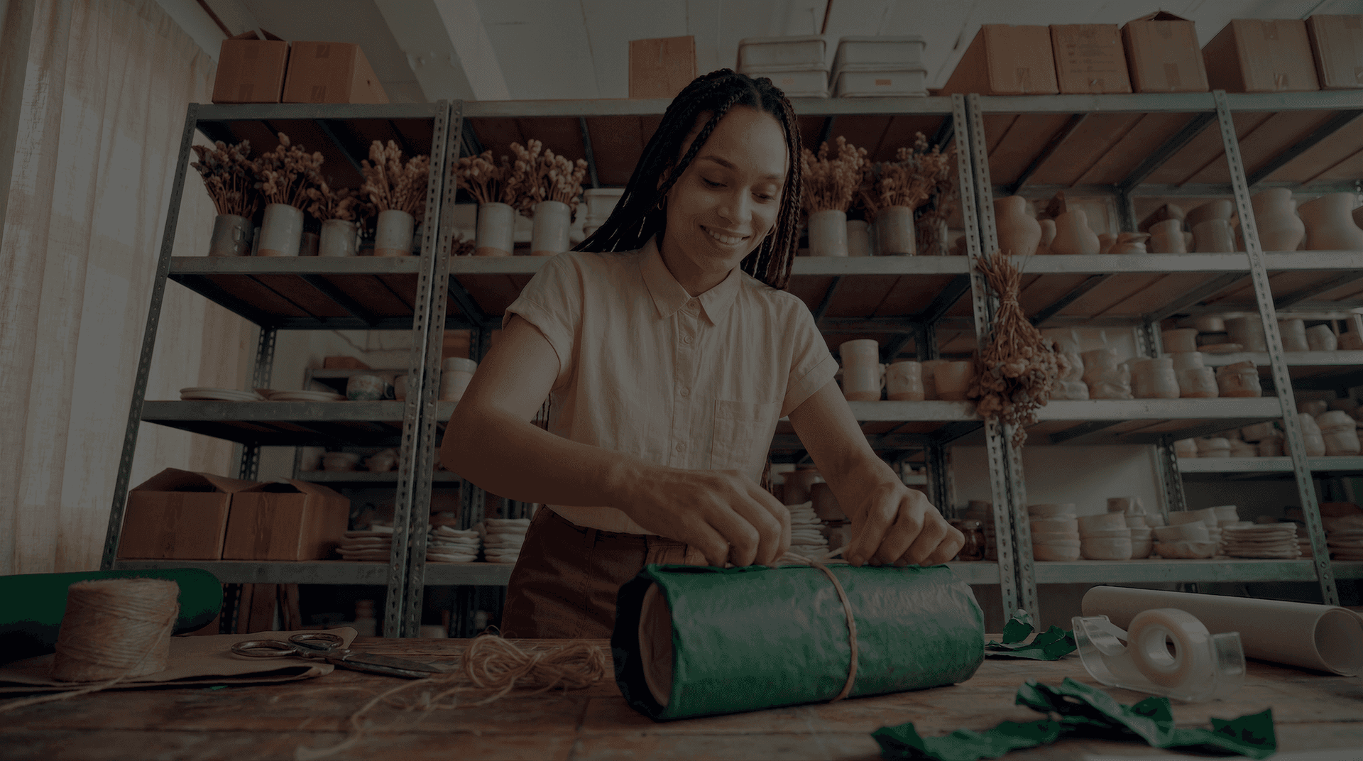 Empreendedora embalando produto com papel verde em ateliê de cerâmicas
