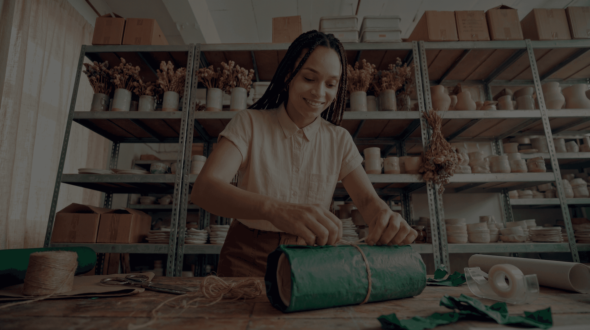 Empreendedora embalando produto com papel verde em ateliê de cerâmicas