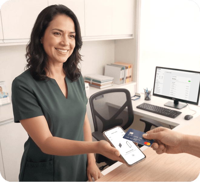 Profissional de saúde recebendo pagamento por aproximação no celular Stone com cartão Mastercard