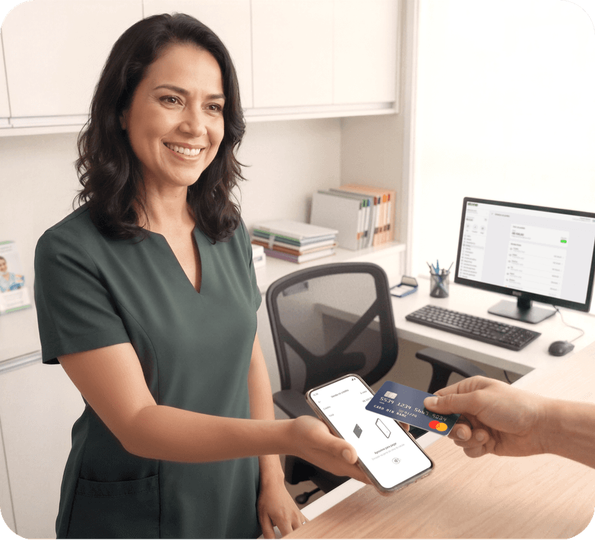 Profissional de saúde recebendo pagamento por aproximação no celular Stone com cartão Mastercard