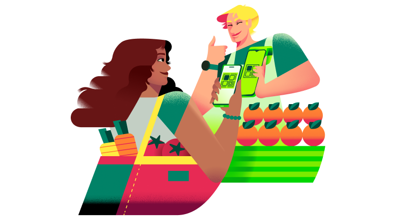 Ilustração de cliente apontando para o celular com QR Code e empreendedor atrás de uma banca de frutas