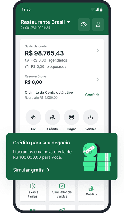 Tela de abertura do app Stone com a opção de solicitar crédito