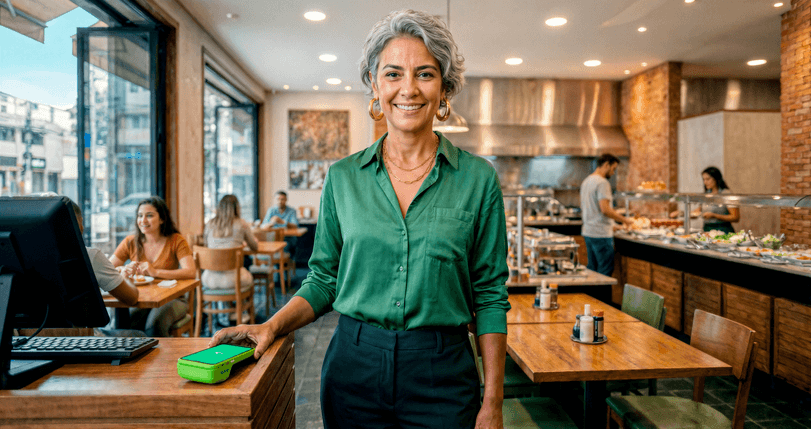 Empreendedora madura sorridente em restaurante self-service em pé ao lado do balcão com maquininha Stone
