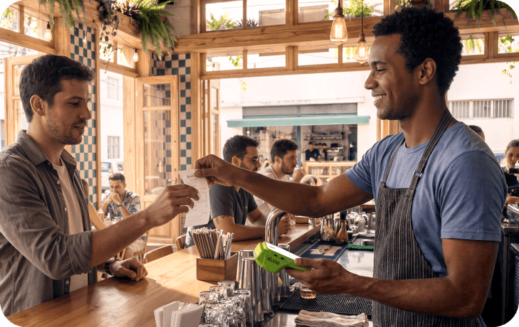 Garçom em bar entregando comprovante ao cliente em balcão