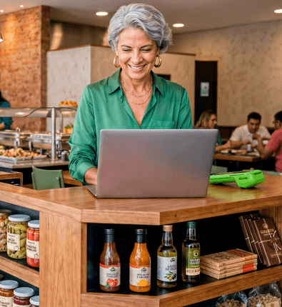 Empreendedora madura sorridente em restaurante self-service operando a Conta Stone no notebook, com maquininha verde ao lado