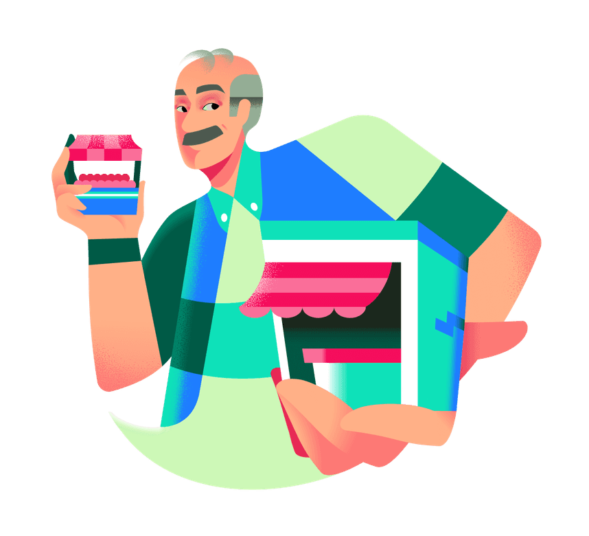 Ilustração 3D estilizada de lanchonete verde com atendente, cliente lendo cardápio e funcionário varrendo