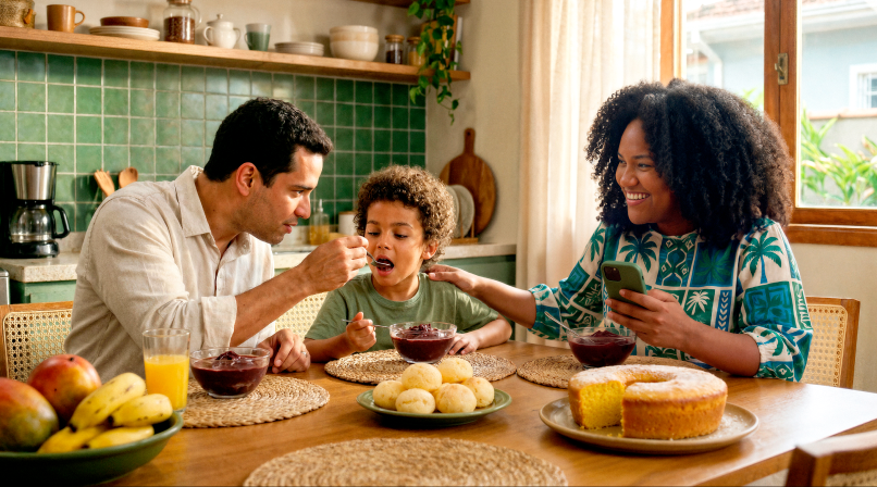 Família tomando café da manhã em casa, com a mãe mexendo no celular
