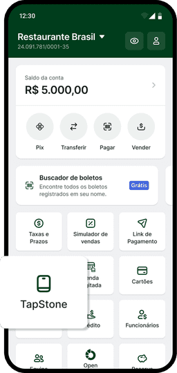 Passo 1: Celular na tela principal do aplicativo da Stone mostrando o ícone de TapStone com um selo “Novo”