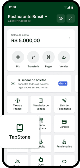 Passo 1: Celular na tela principal do aplicativo da Stone mostrando o ícone de TapStone com um selo “Novo”
