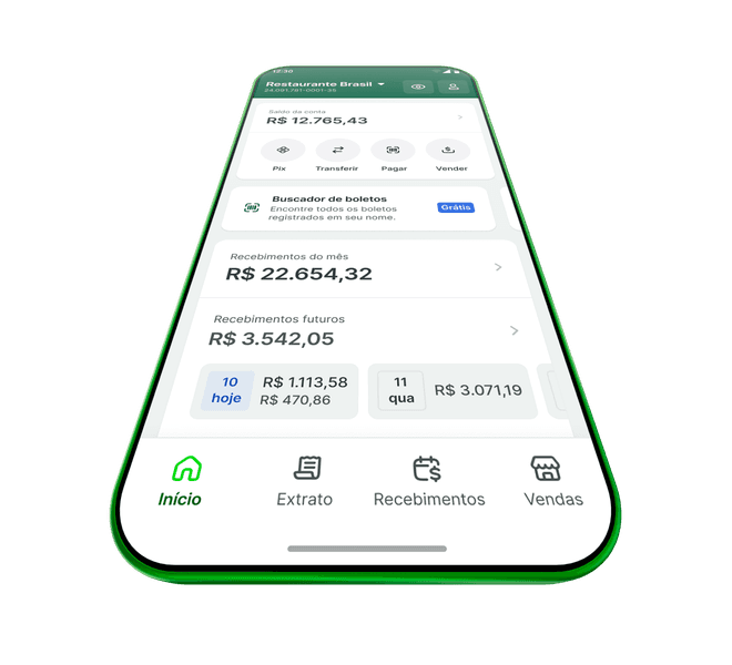 Tela do app Stone exibindo saldo, recebimentos do mês e atalhos de Pix, transferir, pagar e vender
