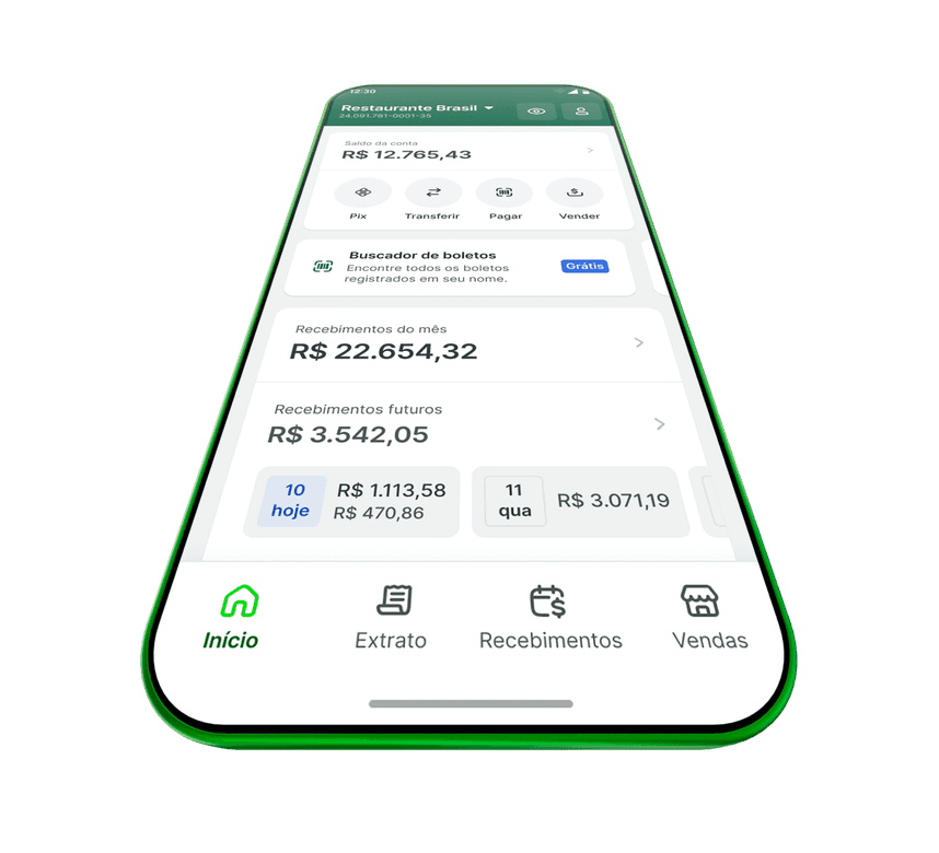 Tela do app Stone exibindo saldo, recebimentos do mês e atalhos de Pix, transferir, pagar e vender